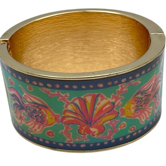 Vintage Lilly Pulitzer Shell and Fish Enamel Cuff Bracelet Signed Designer Clamp - Picture 7 of 10